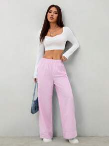 SHEIN PETITE Women's Casual Striped Wide-Leg Pants Y2k - Pink - View 6