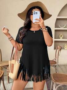 SHEIN CURVE+ 大码女式纯色短袖休闲圆领宽松流苏T恤