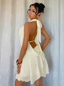 INAWLY Damen Sommer Elegantes einfarbiges Kleid mit Wasserfallausschnitt und rückenfreiem Mini-Design - Gelb - Übersicht 2