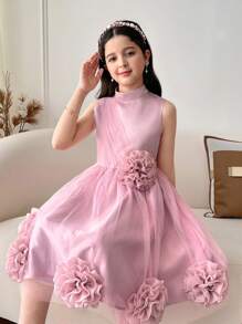 SHEIN Robe en organza sans manches à col debout et décor floral 3D pour jeunes filles - Rose bonbon - Voir 3