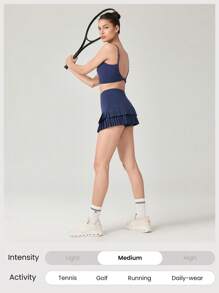 GLOWMODE 3英寸双倍时间褶皱迷你裙，内置短裤侧袋，防滑握把，低冲击力网球高尔夫匹克球日常休闲装 - Dark Blue - 查看 6