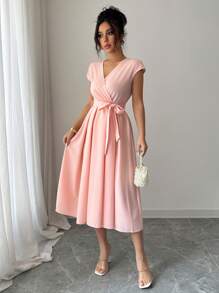 Elenzga Vestido elegante de mujer corte evasé con cuello en V y cintura, color rosa romántico