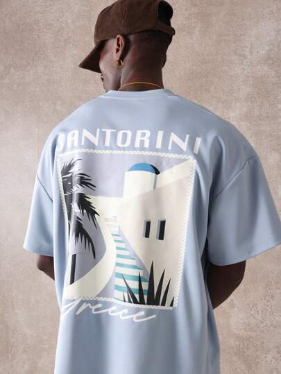 SUMWON Santorini Greece Resort Travel T-Shirt Mediterranean Summer Vacation Beach Tee Scenic Coastal Design Graphic Island Print Holiday Wear Leisure Style