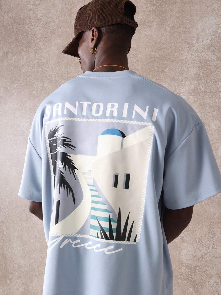 SUMWON 圣托里尼希腊度假村旅行T恤地中海夏季度假沙滩T恤风景海岸设计图形岛屿印花假日服装休闲风格 - 藍色 - 查看 1