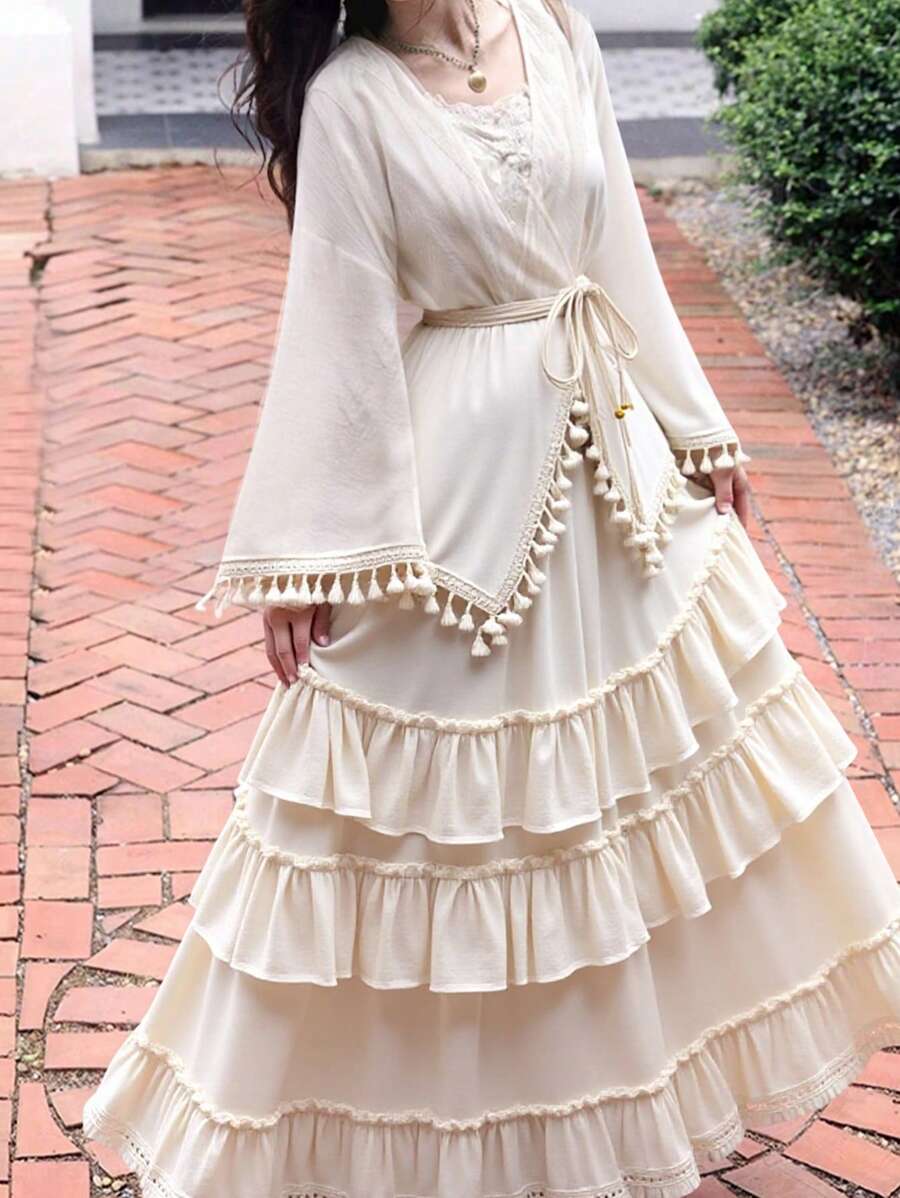 DAZY Women's French Retro Lace Tassel Patchwork Tie-Waist Bell Sleeve Shirt & Multi-Layer Ruffle Hem Patchwork Skirt 2 Pieces Set, Spring/Summer Holiday Women Dresses Birthday Women Casual Dress Women S White Dress Women S Clothes Women Summer Clothing
