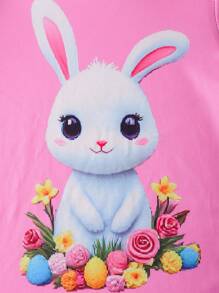 2 件套夏季女孩可爱卡通兔子图案粉色圆领短袖 T 恤搭配兔子和花卉印花修身打底裤，适合休闲、家居或复活节穿着 - 粉色 - 查看 3