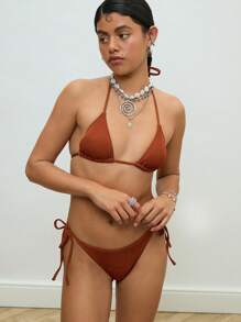 COUREZ Rib Triangle TopAnd Tie Side Bottoms Bikini Set /Beachwear Vacation Outfits/Y2K/Casual Vintage For Summer