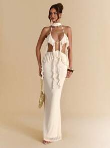 SHEIN BAE Váy Maxi dài hở lưng thanh lịch màu mơ/trắng viền bèo nhún, dài thêm, hở lưng, thích hợp cho kỳ nghỉ ở bãi biển, váy Maxi hở lưng phong cách Bohemian, váy hòa nhạc dành cho nữ, mùa xuân/hè - Màu be - Xem 3