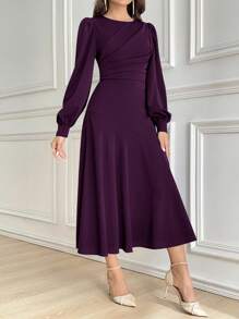 Modelyn 女士纯色圆领灯笼袖褶皱长款优雅连衣裙，秋季长款晚礼服 - 中紫紅色 - 查看 5