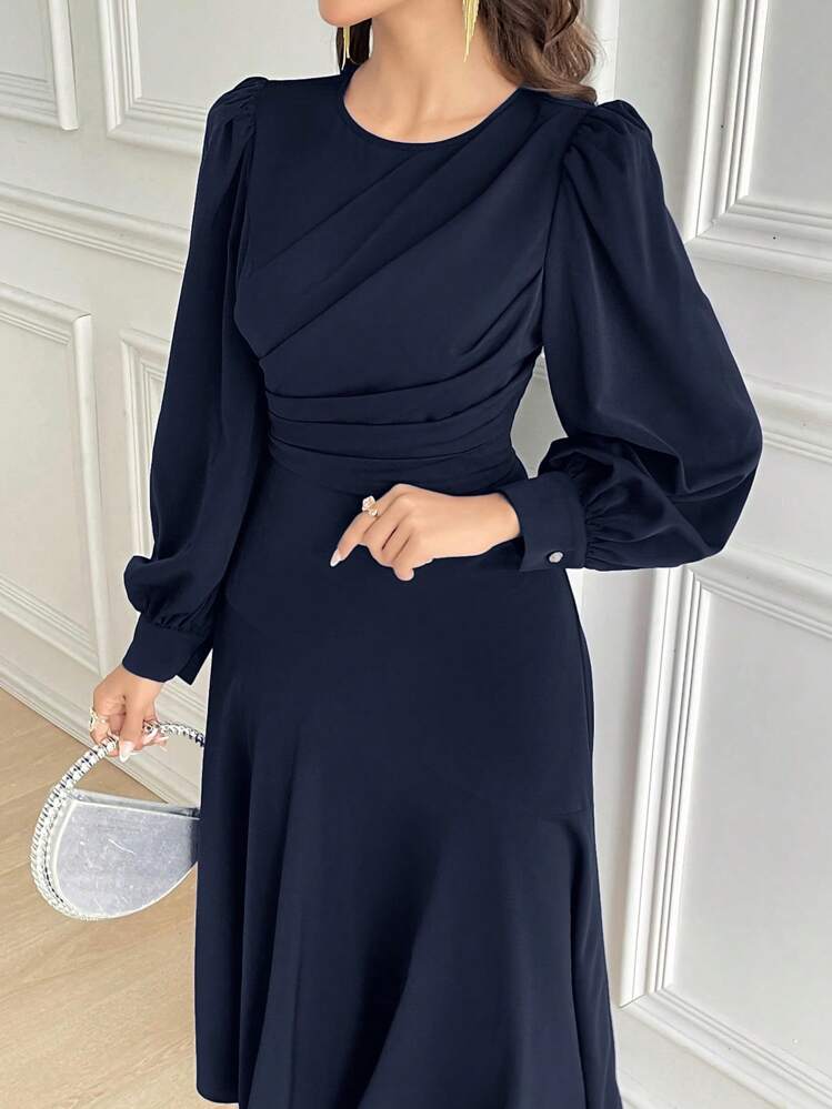 Modelyn 女士纯色圆领灯笼袖褶皱优雅连衣裙长款晚礼服 - 藏蓝色 - 查看 3