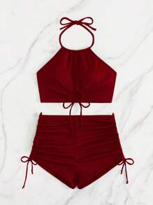 SHEIN Swim Bộ đồ bơi đi biển/tiệc tùng 2 mảnh dây buộc phía trước màu đỏ cho nữ mùa hè - Đỏ - Xem 5