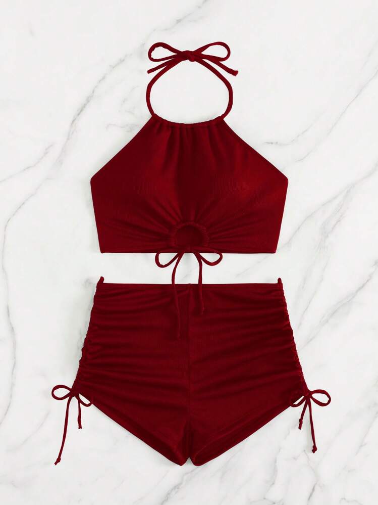 SHEIN Swim Bộ đồ bơi đi biển/tiệc tùng 2 mảnh dây buộc phía trước màu đỏ cho nữ mùa hè - Đỏ - Xem 5