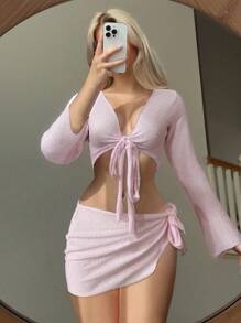 Swim Mod 女士海滩度假两件套服装：长袖纹理针织罩衫（前系带）和迷你沙滩裙