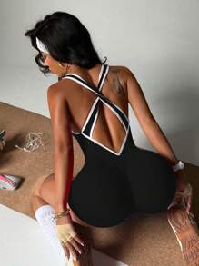 Dewbera Contrast Color Trim Open Back Halter Neck Fitted Sports Romper