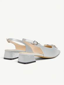 CUCCOO CHICEST Women's Pointed Toe Square Chunky Heel Elegant Romantic Silver Satin Bowknot Slip On Party Wedding High Heels - Silver - View 12