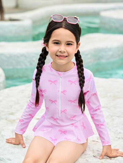 Traje de baño de una pieza con manga larga, estampado de rayas y lazo para niñas jóvenes