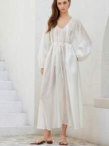 Aveloria Modichic 女士通勤V领褶皱泡泡袖长袖丝滑光泽面料系带A字连衣裙 - 白色 - 查看 6