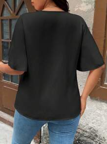 Calvaya Plus Size Solid V-Neck Button Front Short Sleeve Black Blouse - Black - View 2