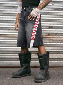 AXEPEAK 男士时尚街头印花侧缝拼接牛仔短裤