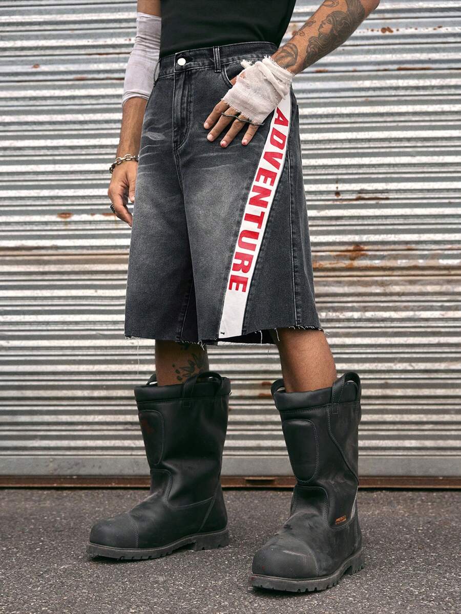 AXEPEAK 男士时尚街头印花侧缝拼接牛仔短裤