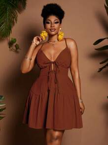 Maweii Vestido mini asimétrico de línea A con volantes, de talla grande, para mujer, con tirantes finos, cuello en V y cintura anudada, elegante para vacaciones, en unicolor, para primavera y verano - Café integral - Ver 6