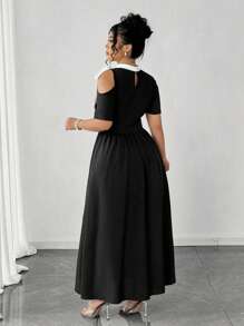 Elenzga Summer Open Shoulder Colorblock Tie-Bow Dress