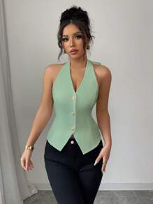 Elenzga Tie Neck Backless Bow Elegant Ladies Blouse - Green - View 5