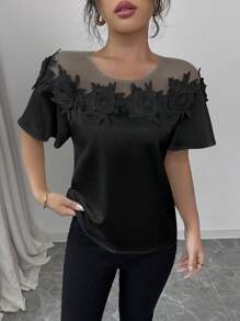 Elenzga Lace Patchwork Short Sleeve Dress, Fashionable For Summer