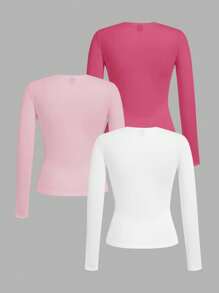 SHEIN EZwear 3pcs/Set Women's Crew Neck Casual Slim Fit Long Sleeve T-Shirt Sets In Deep Pink, Light Pink, White, Suitable For Spring/Summer Autumn And Winter - Multicolor - View 2