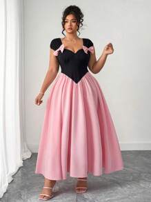 Elenzga Plus Size Black Knit Fabric Dress With Bowknot Strap Decor, V-Neck, Inverted Triangle Waist Design, Full Flare Skirt, Slimming Silhouette, Suitable For Leisure, Vacation, Garden Party, Dating, Hanging Out With Friends, Beach, Park Picnic, Commuting, Shopping, And Photo Shoots. Comfortable Fabric, Unique Design, High Cost-Effective - Pink - View 4