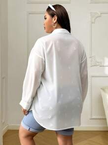 SHEIN EZwear 加大码夏季休闲度假衬衫，纯色长袖，时尚适合夏季 - 白色 - 查看 2