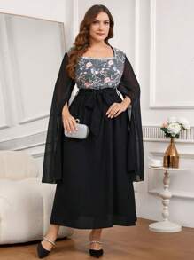 Modelyn Vestido de talla grande con cuello cuadrado, bordado con cuentas y cintura recogida - Rojo violeta - Ver 3