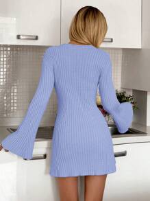 EURMUSE Autumn/Winter Ribbed Bell Sleeve Mini Knit Sweater Dress - Baby Blue - View 2