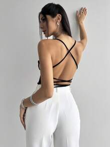 Firerie New Elegant Sexy Party Music Festival Back-To-School Vacation Date Outfit: Black Crisscross Backless Spaghetti Strap Uneven Bustier Tight-Fitting Bodysuit, Shiny Material, Spring/Summer, Concert Outfit Women