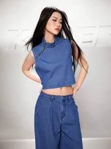 SHEIN EZwear Women Dark Blue Denim Short Fitted Top Summer,Graduation,Vacation,Country Concert,Concert,Cruise,Old Money Style Women,Going Out,Festival,Vacation,Birthday,Cute Summer - Blue - View 5