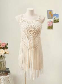 SHEIN MOD Apricot Floral Front Fringe Hem Vacation Knit Swimsuit Cover Up,Beach,Bohemia,Western,Vacation ,Crochet  Smock,Country Concert Outfit - Apricot - View 3