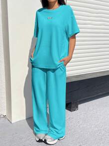 SHEIN EZwear Trang phục hai mảnh dành cho phụ nữ mặc hàng ngày - Màu xanh lam - Xem 4