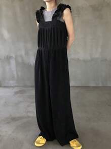 FRIFUL 女士纯色荷叶边拼接阔腿连体裤，甜美夏季女装，女士夏季服装，女士夏季短裙，夏季工作装，夏季连衣裙 - 灰色 - 查看 3