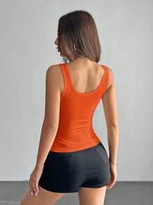 SHEIN PETITE Casual All-Match White Cami Top With Deep U-Neck And Racerback - Orange - View 2