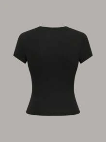 SHEIN PETITE 3pcs Set Simple Casual Solid Color Crew Neck Short Length T-Shirts For Women ,Petite Women - Black - View 3
