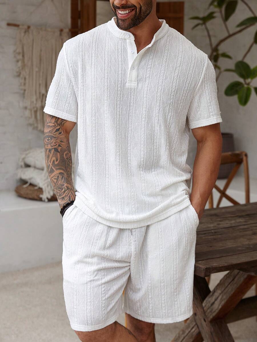 Manfinity Homme Men's Plus Size Solid Color Short Sleeve Polo Shirt And Pocket Shorts Casual 2-Piece Set Men Casual Summer Sets Beach Outfits For Men Men Shirt Co Ords - White - View 1