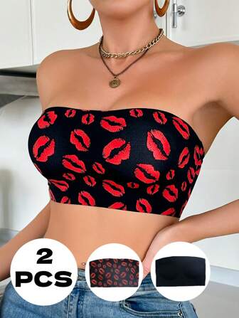 Snug Zone 2st/set Dam läppgrafik & enfärgad Bandeau BH Underkläder Set