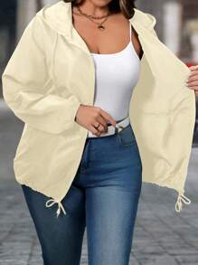 EMERY ROSE Plus Size Women Solid Color Zipper Front Draw-String Hooded Casual Jacket Fall Winter Cloth For Women Autumn - Apricot - View 5
