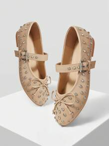 MOTF PREMIUM BOW STUDDED MARY JANE ROUND TOE FLAT SHOES FOR CHRISTMAS - Apricot - View 9