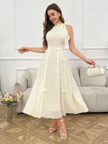 Modelyn Sleeveless Tie Knot 3D Flower Long Dress For Women - Apricot - View 5