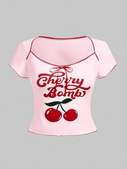 Kawaii Große Größen Valentinstag Kirsche Buchstaben Muster Kurzarm T-Shirt