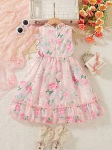 Elladie kids 年轻女孩玫瑰碎花无袖荷叶边连衣裙，拉链后开合时尚休闲公主裙，甜美可爱，适合日常穿着 - 玫紅色 - 查看 2