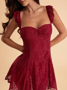 SHEIN BAE Bộ đồ liền thân hở lưng gợi cảm thanh lịch viền ren đỏ mùa hè cho nữ - Đỏ - Xem 4