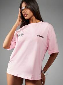 Missguided x Playboy Racing Checkerboard Oversized T-Shirt Streetwear Casual Summer Festival Graphic Print Skater Urban Y2K Fashion Comfort