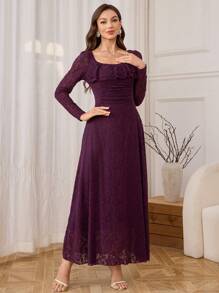Modelyn Váy midi dài tay họa tiết jacquard dệt kim thanh lịch dành cho nữ, dáng vừa vặn, mùa xuân/thu - Màu tím - Xem 5